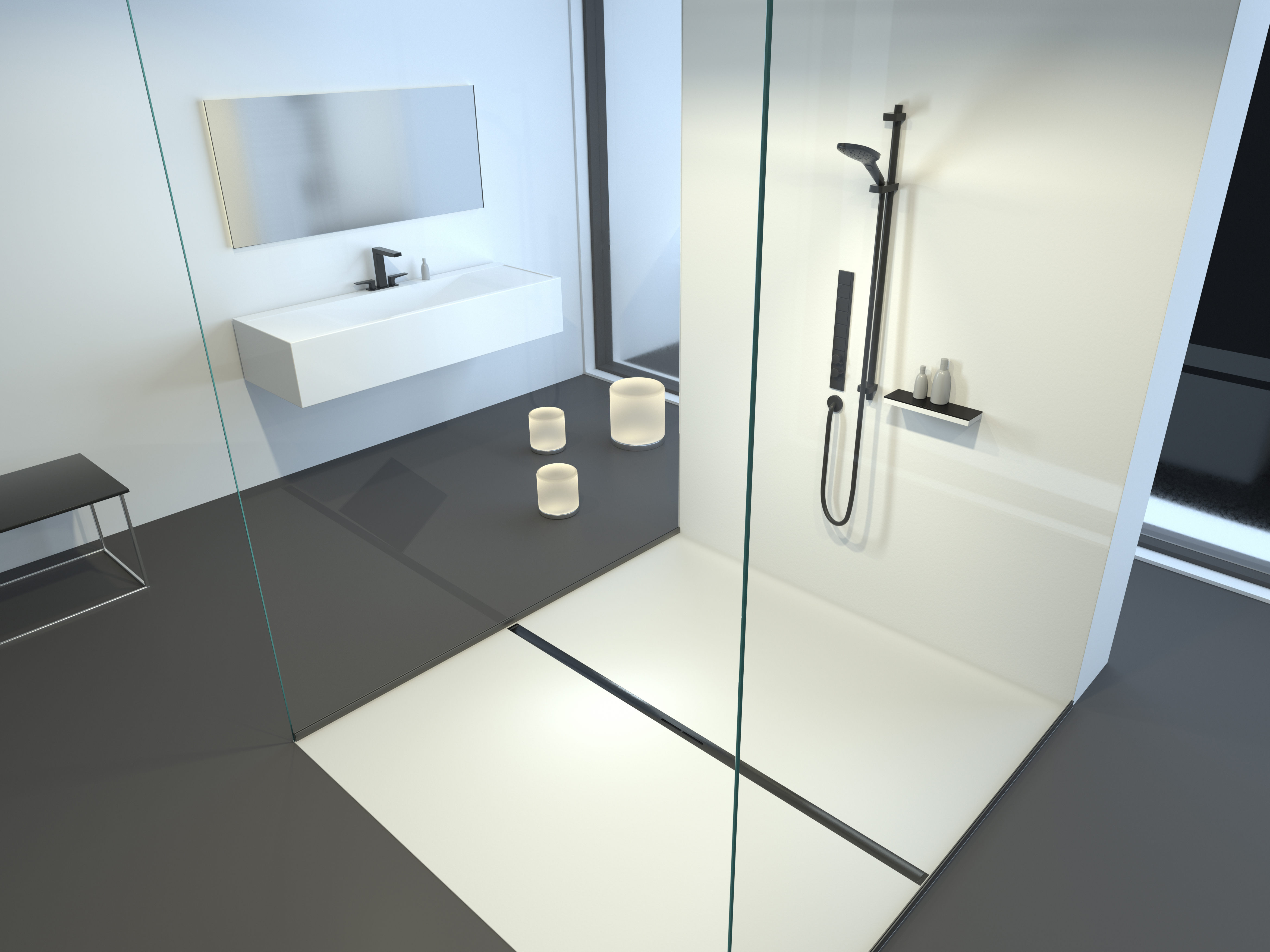 Installation diagram for the Linearis Infinity, brushed black surface, in a bathroom