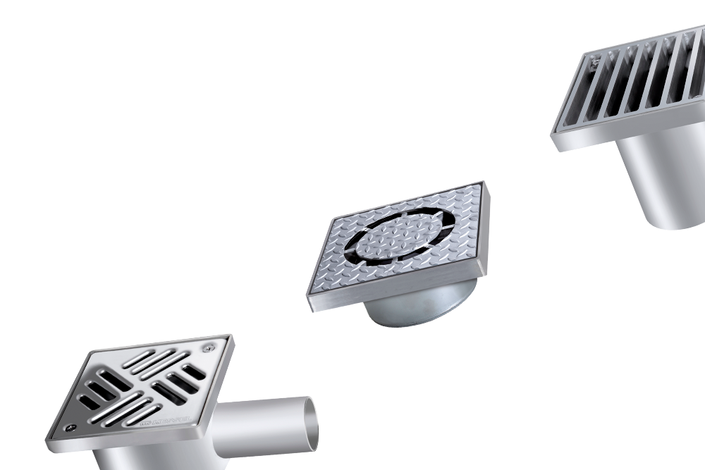 Stainless steel drains with different grates.