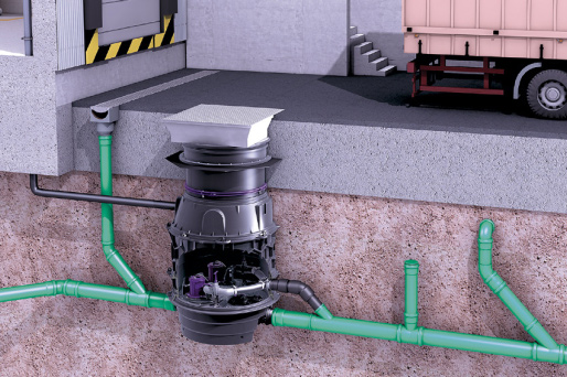 Installation diagram for the Ecolift XL hybrid lifting station A loading bay with a large external area, which is drained via an Ecolift XL hybrid lifting station.