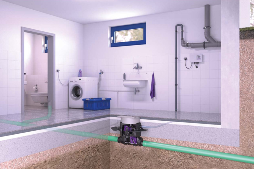 An illustration showing a backwater valve installed in the floor slab of a private basement room.