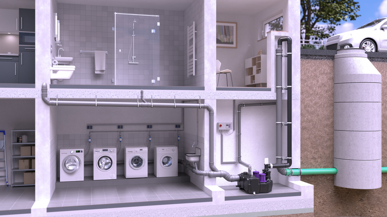 Example of an <em>Aqualift L</em> lifting station installed in a block of flats
