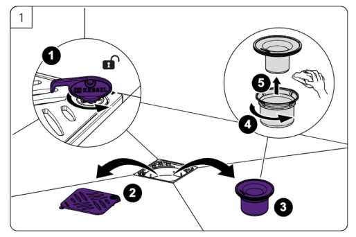 Illustration: Open the floor drain and remove the cover and trap