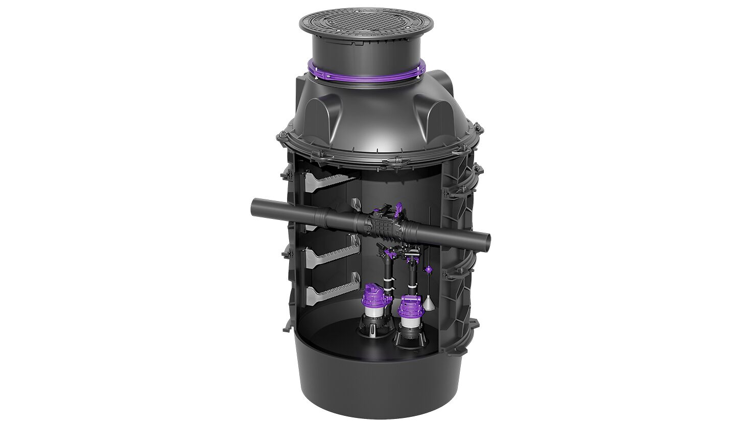 Product image of a hybrid lifting station in an engineering chamber, showing the pumps and the flow channel.