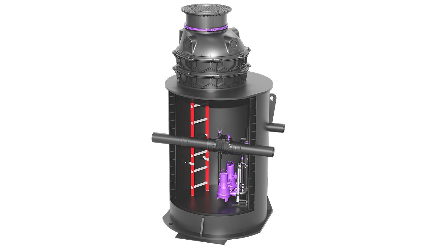 Product image of a hybrid lifting station in a twin walled reinforced pipe chamber, showing the pumps and the flow channel.