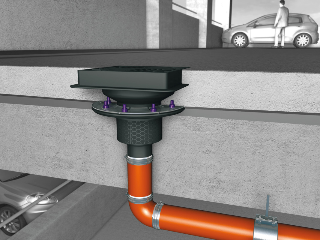 Installation diagram for the Ecoguss parking deck drain, square, with an Ecoguss drain body and pressure sealing flange in a multi-storey car park