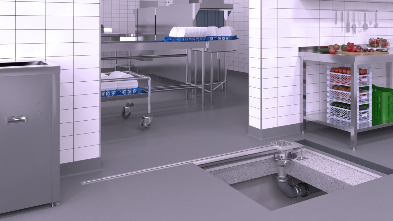 Example of a stainless steel slotted channel installed in a passageway in a commercial kitchen Example of a stainless steel slotted channel installed in a passageway in a commercial kitchen