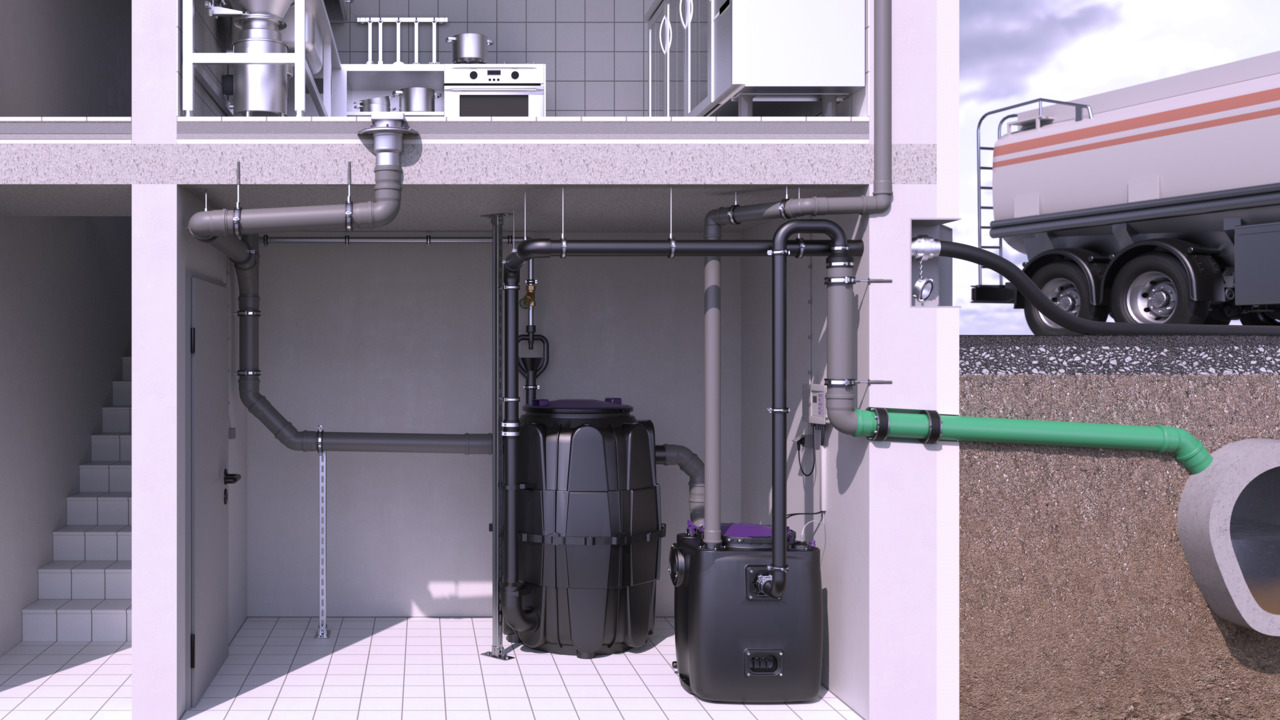 Installation example: EasyClean Modular Direct grease separator with Aqualift 200 lifting station in the basement