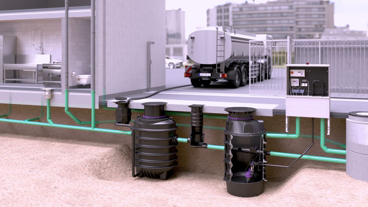 Proposed installation of the EasyClean ground Oval Direct grease separator followed by an Aquapump XL Duo pumping station in the engineering chamber