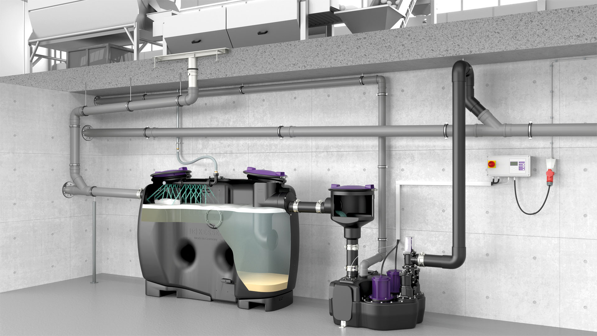 Starch separator in the basement of a food-processing plant
