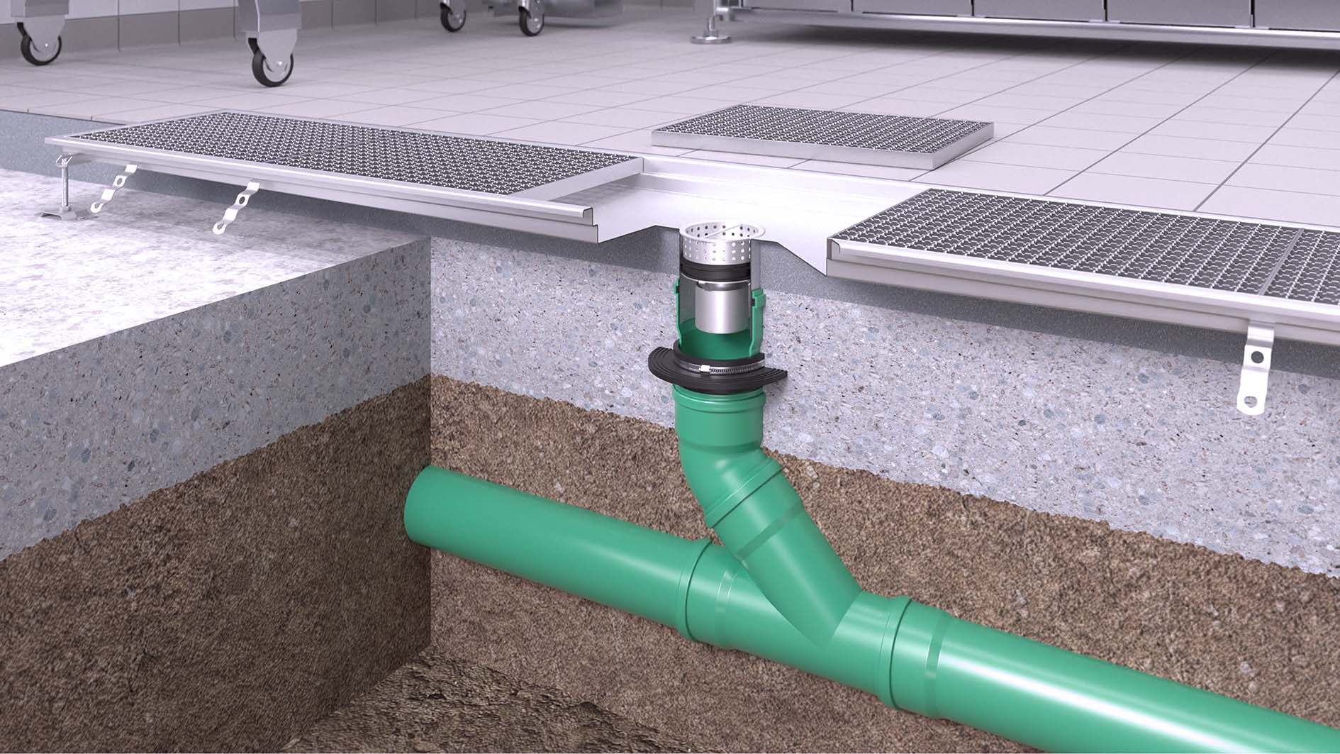 Direct connection of a stainless steel channel to the main drainage pipe