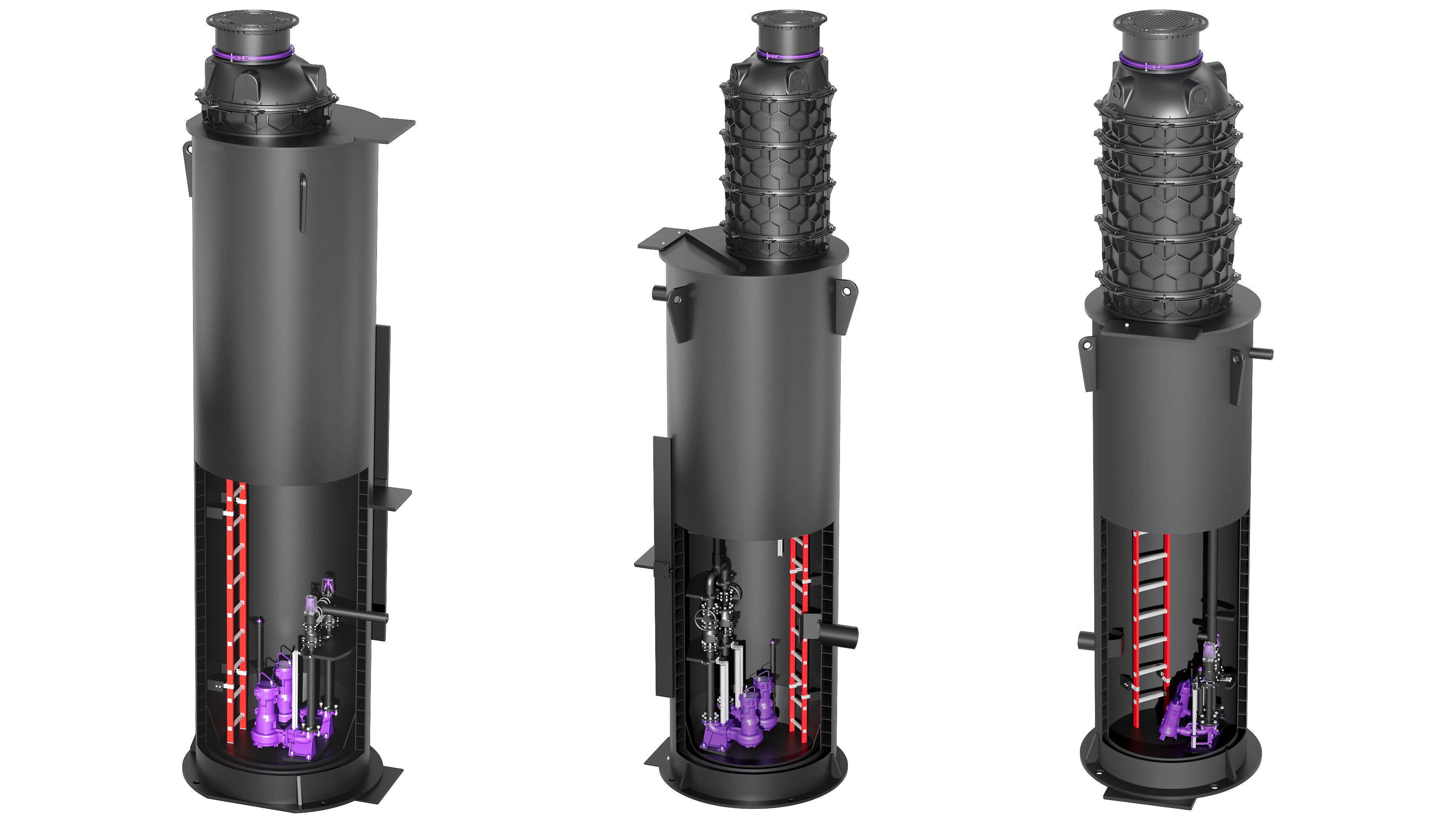 Custom-designed and bespoke pumping stations Illustration of three bespoke pumping stations with tall shaft structures and pumps.