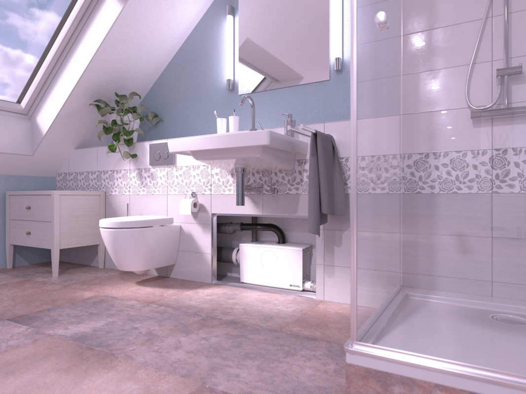 Close-up of the Minilift L small lifting station in a pre-wall installation with a connected toilet and shower