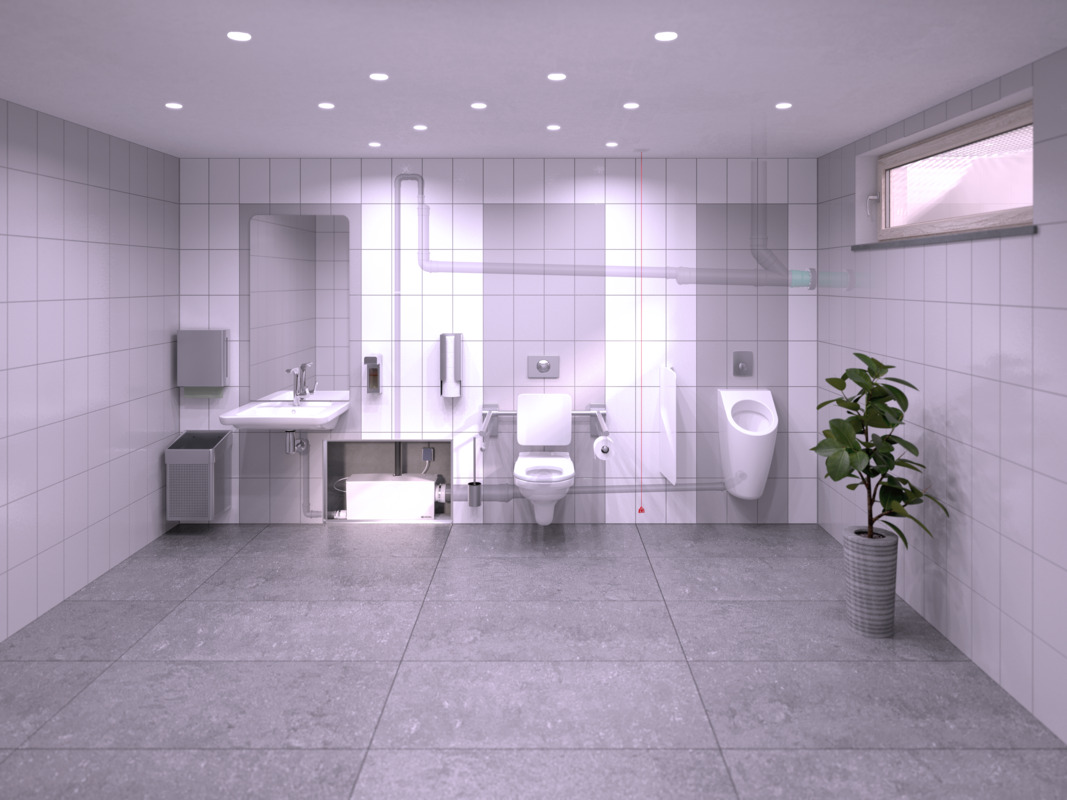 Installation diagram showing a restaurant toilet in the basement, where a washbasin, a urinal and a toilet are connected to the Minilift L WC Duo small lifting station, which is concealed within a pre-wall installation.