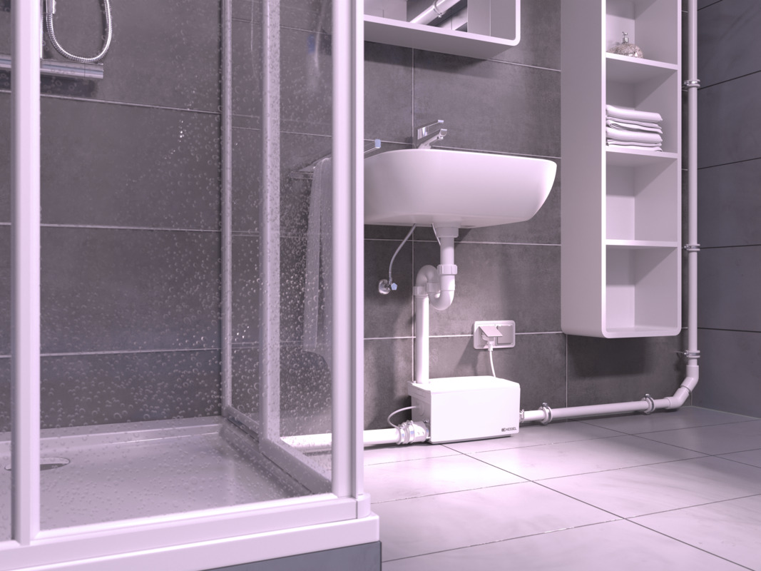 Minilift S small lift retrofitted in a bathroom in the basement.