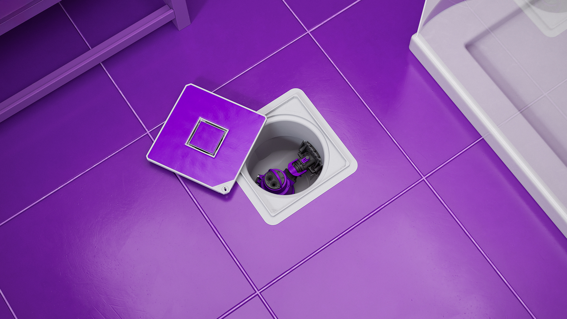 A view of a small lifting station seamlessly integrated into the floor slab, with the cover open.