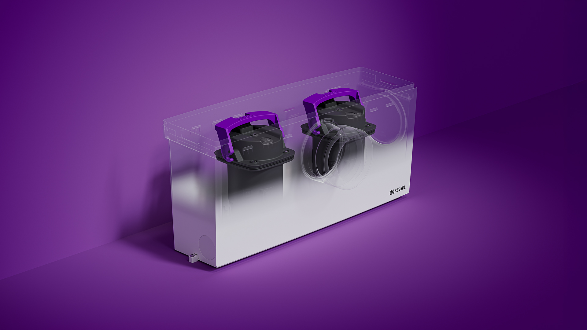 Small lifting station with a transparent tank and a view of the two internal pumps.