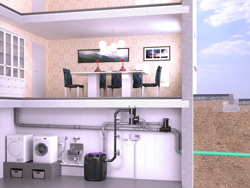 Installation diagram for Clever Loop and CleverVent Installation diagram of a lifting station in the basement, where the pressure pipe does not run above the backwater level but instead passes through the CleverLoop system separator, which is mounted beneath the basement ceiling.
