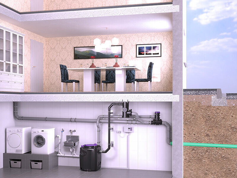 Installation diagram of a lifting station in the basement, in which the pressure pipe does not run above the backwater level, but instead passes through the CleverLoop system separator, which is mounted beneath the basement ceiling.