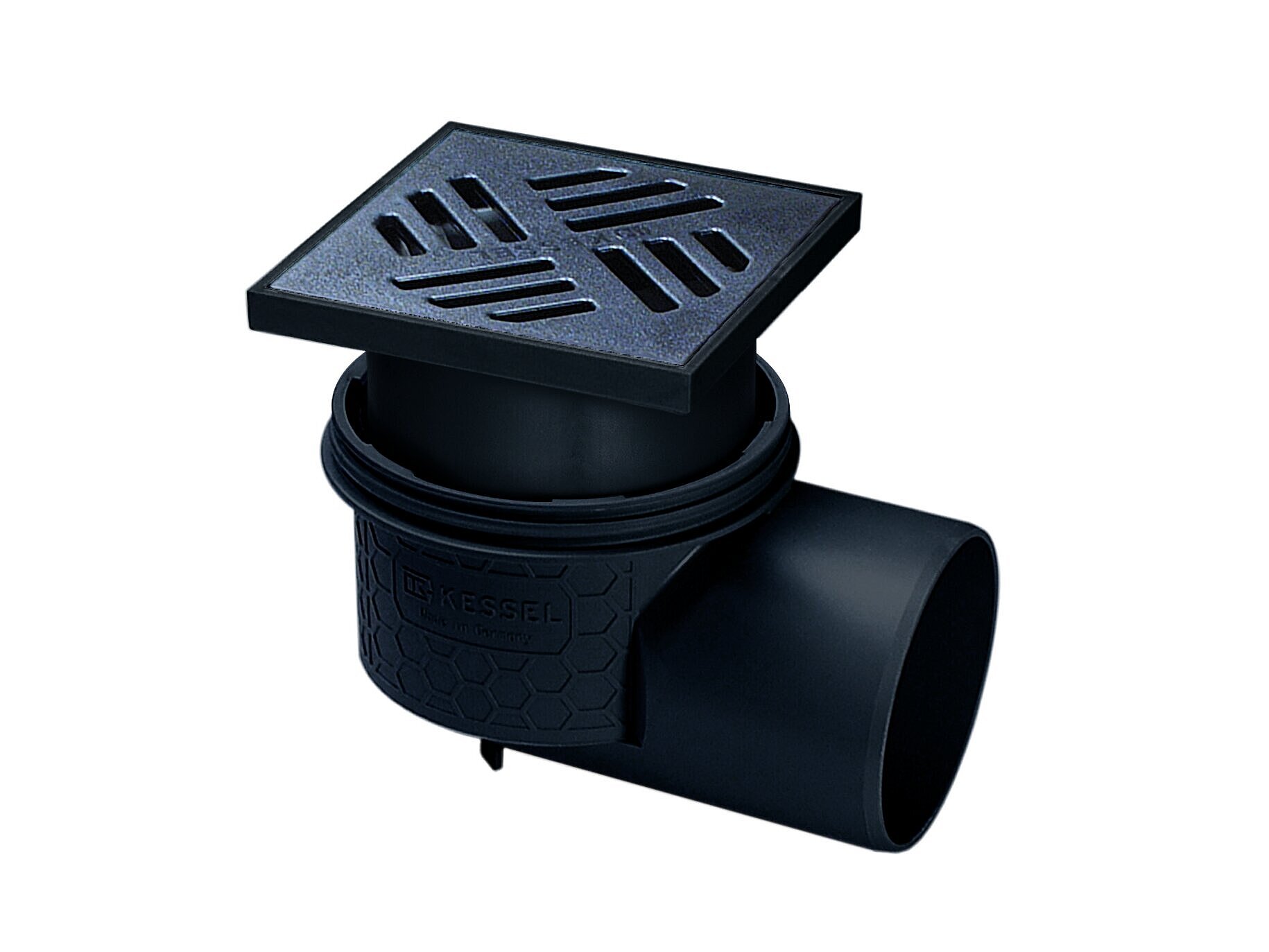 Practicus floor drain with a horizontal outlet and black polymer slotted cover