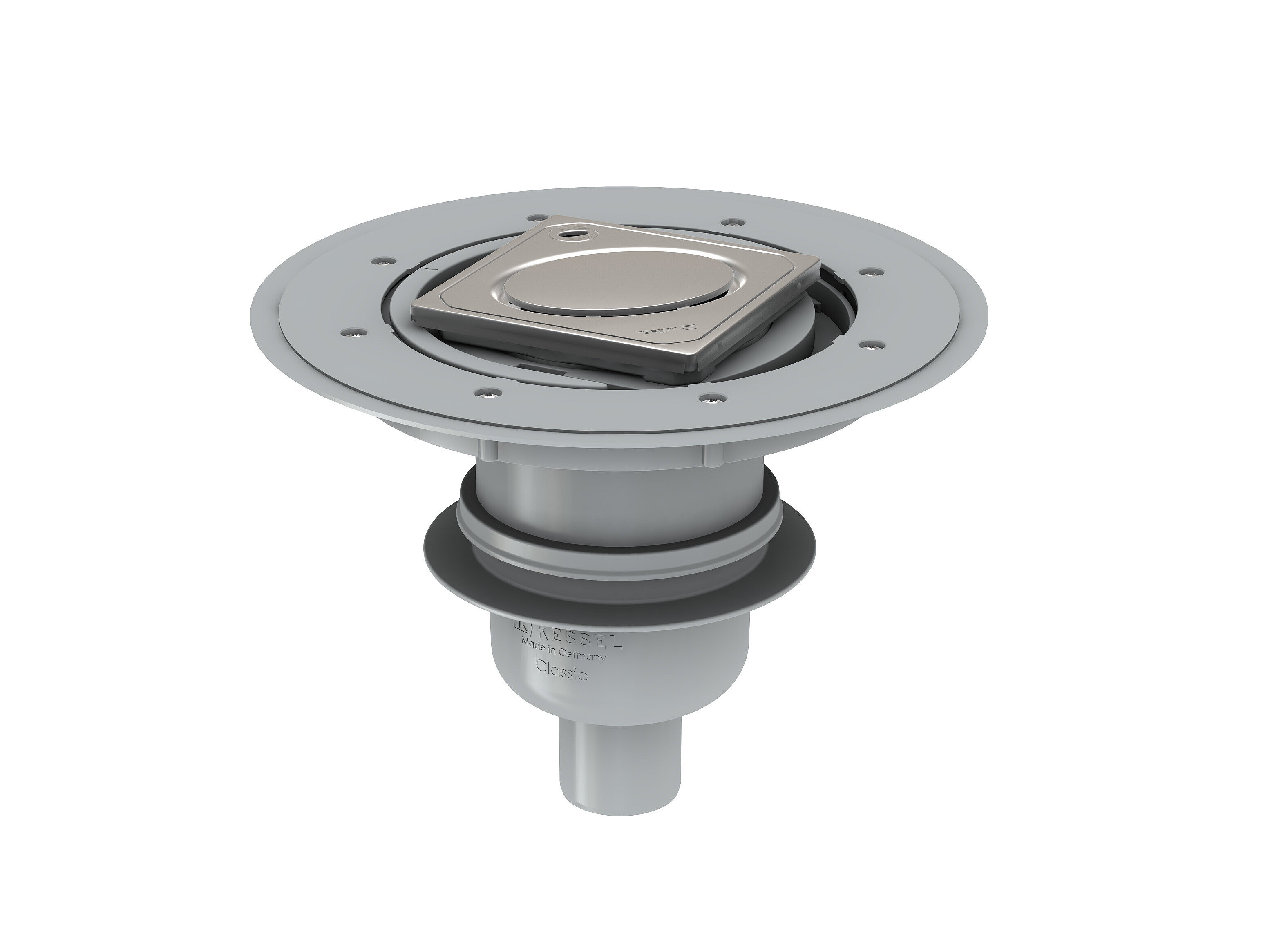 Classic bathroom drain with a vertical outlet and Variofix upper section with an Oval design cover