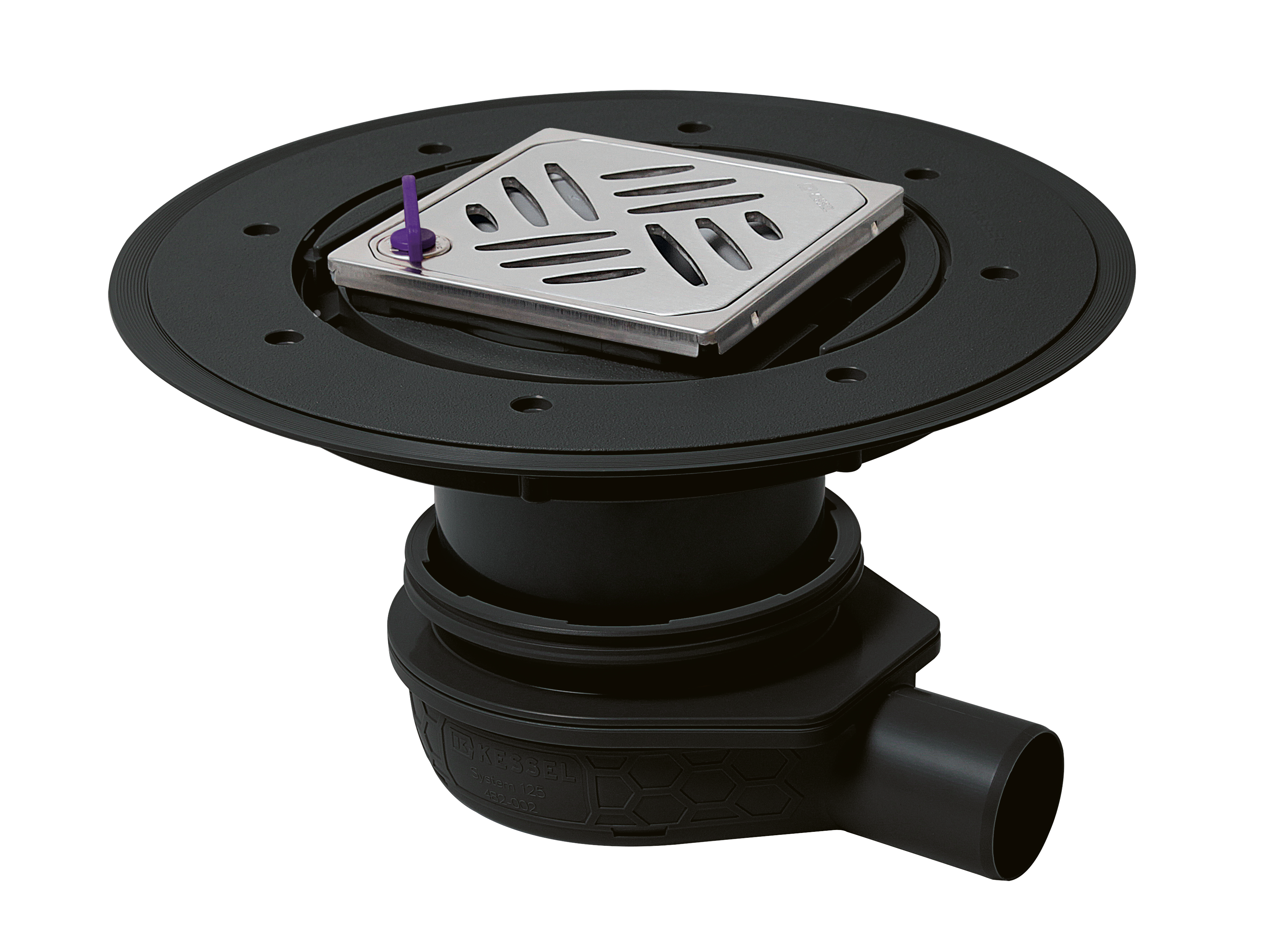The Ultraflat 79 bathroom drain, DN 50, with a Variofix upper section, Kessel design cover and Lock & Lift locking system