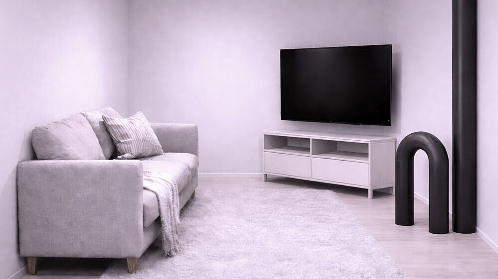 A schematic diagram of a living room in which several pipes protrude from the floor, reducing the living space.