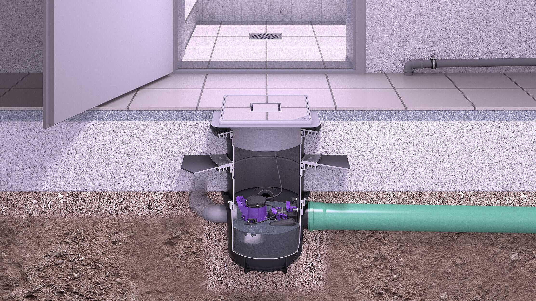 Installation diagram for the Pumpfix S basement drain with inlets from other drainage points