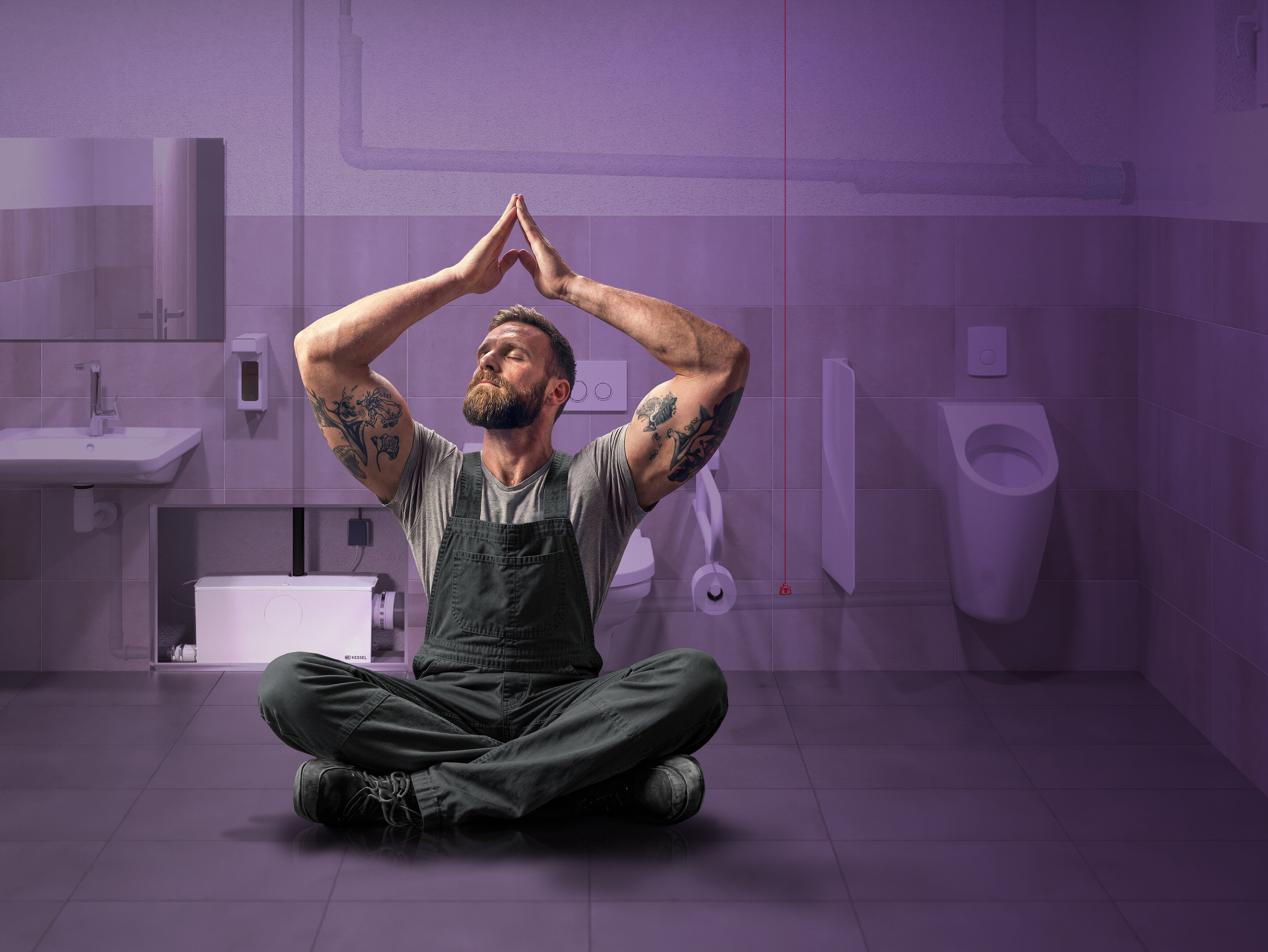 Peace of mind thanks to double security A relaxed tradesman in a commercial toilet, with a double flush system in the background.