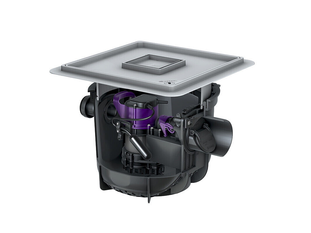 Pumpfix S Underfloor basement drain for floor slab installation, with a tileable cover Pumpfix S Underfloor basement drain for floor slab installation, with a tileable cover