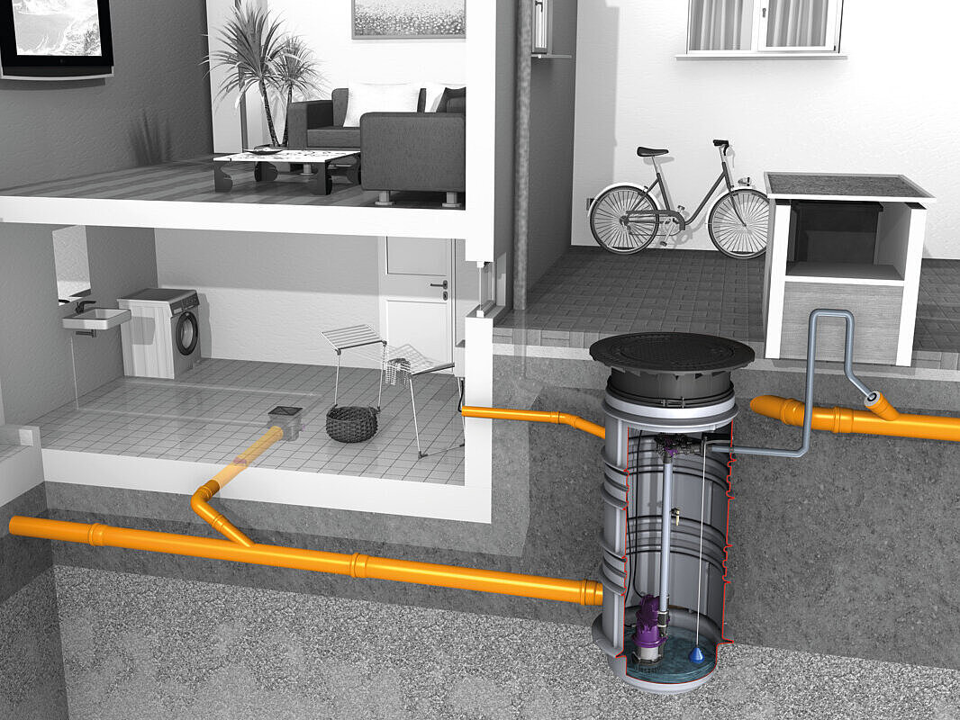 Installation diagram for Aquapump Medium pumping station for faecal wastewater 