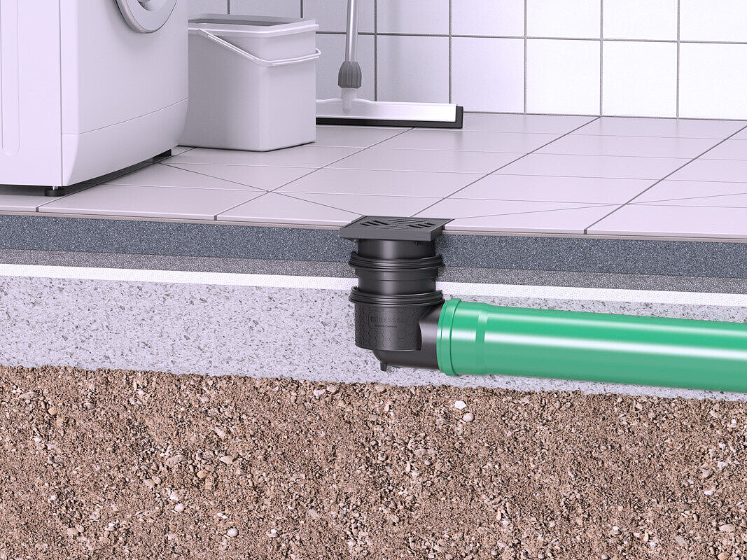 Practicus basement drain for floor slab installation, with a horizontal outlet