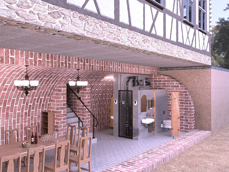 Installation recommendations for CleverLoop and Clever Vent in historic buildings Installation diagram of an old vaulted cellar with a retrofitted toilet, a CleverLoop system separator and a CleverVent venting diverter.