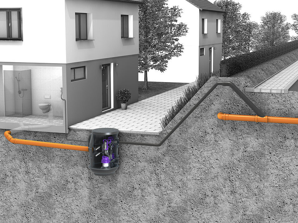 Installation diagram for Aquapump Small pumping station for faecal wastewater