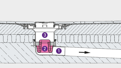 Installation diagram for a floor drain with an integrated waterproofing layer and joint sealing