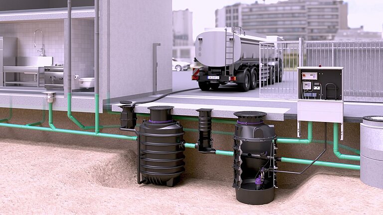 Proposed installation of the EasyClean ground Oval Direct grease separator followed by an Aquapump XL Duo pumping station in the engineering chamber Proposed installation of the EasyClean ground Oval Direct grease separator followed by an Aquapump XL Duo pumping station in the engineering chamber