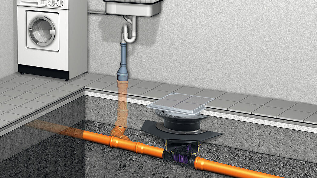 Staufix backwater valve installed in the floor slab