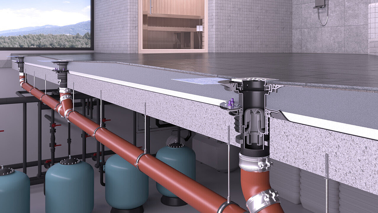 Drains in a swimming pool, with a view of the pipework in the basement.