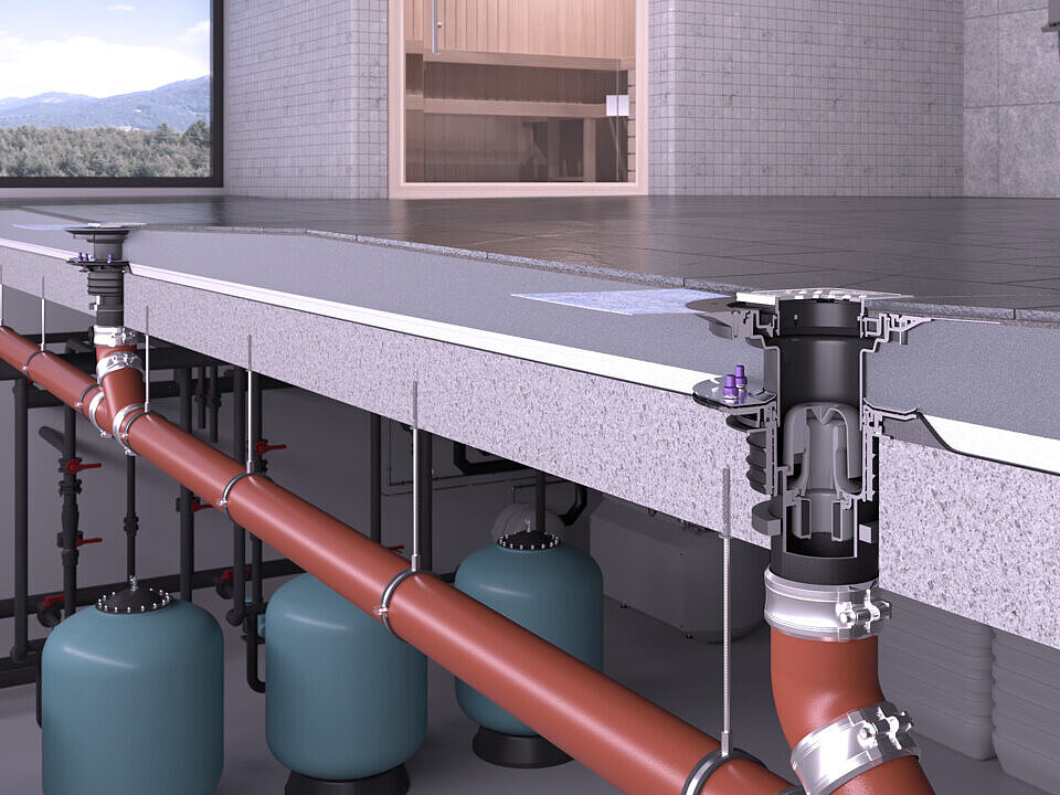 Installation illustration for the Ecoguss floor/roof drain with a Variofix upper section for combined waterproofing and pressure sealing flange in a wellness area