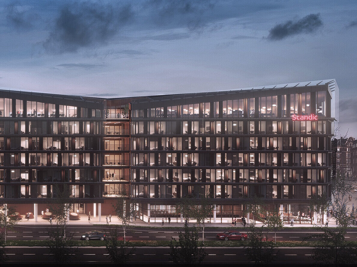 Scandic Aarhus City Hotel set forfra i skumringen