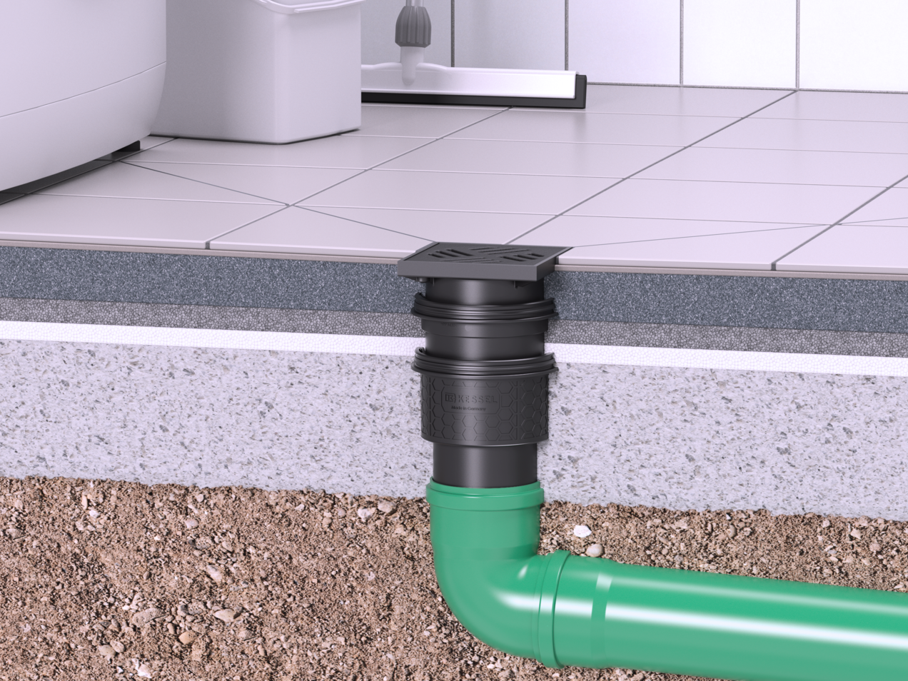 Practicus basement drain for floor slab installation, with a vertical outlet