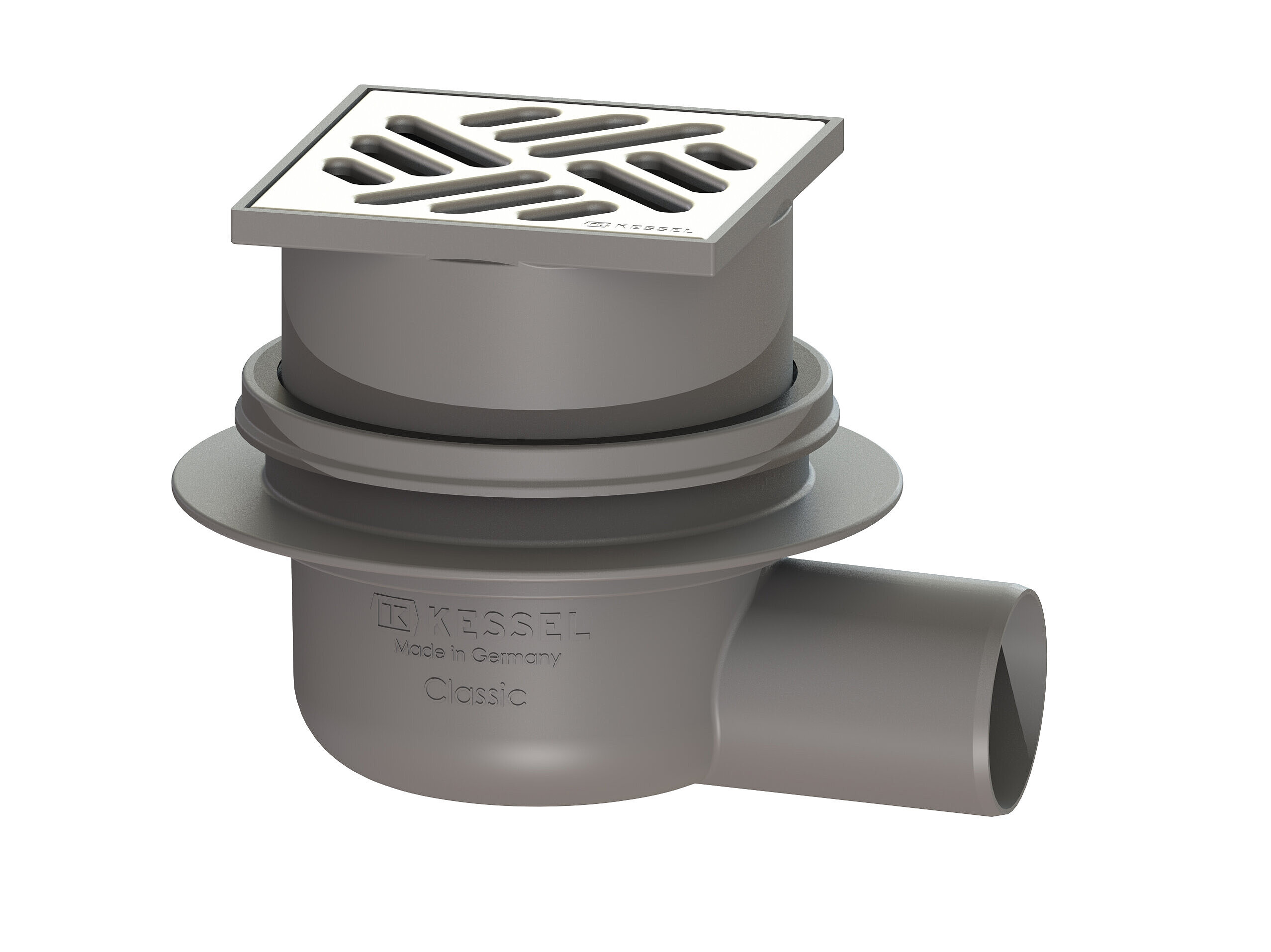 Classic bathroom drain with a horizontal outlet and an upper section with a slotted cover