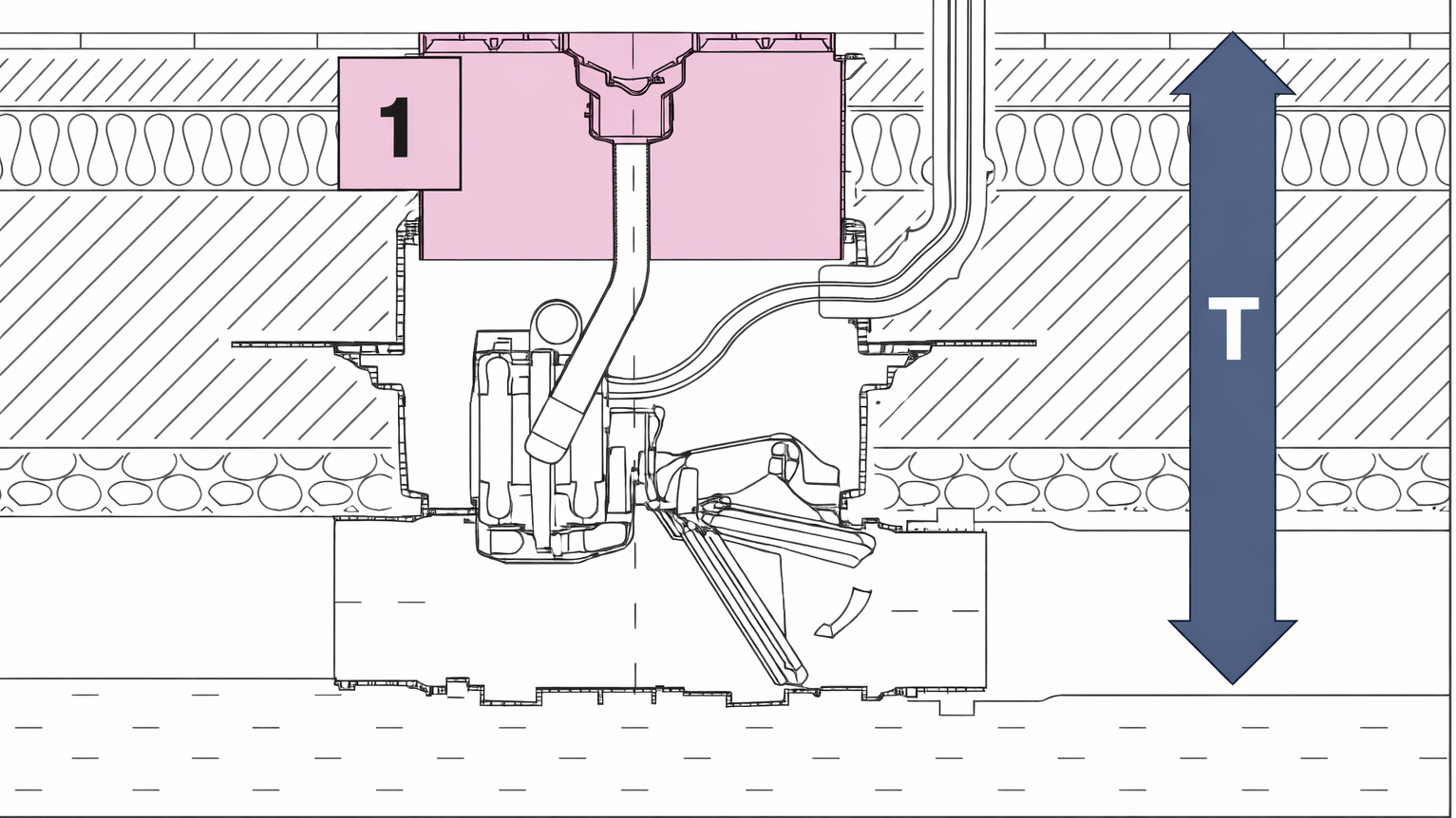 Cross-section diagram of a backwater valve in the floor slab with an upper section.