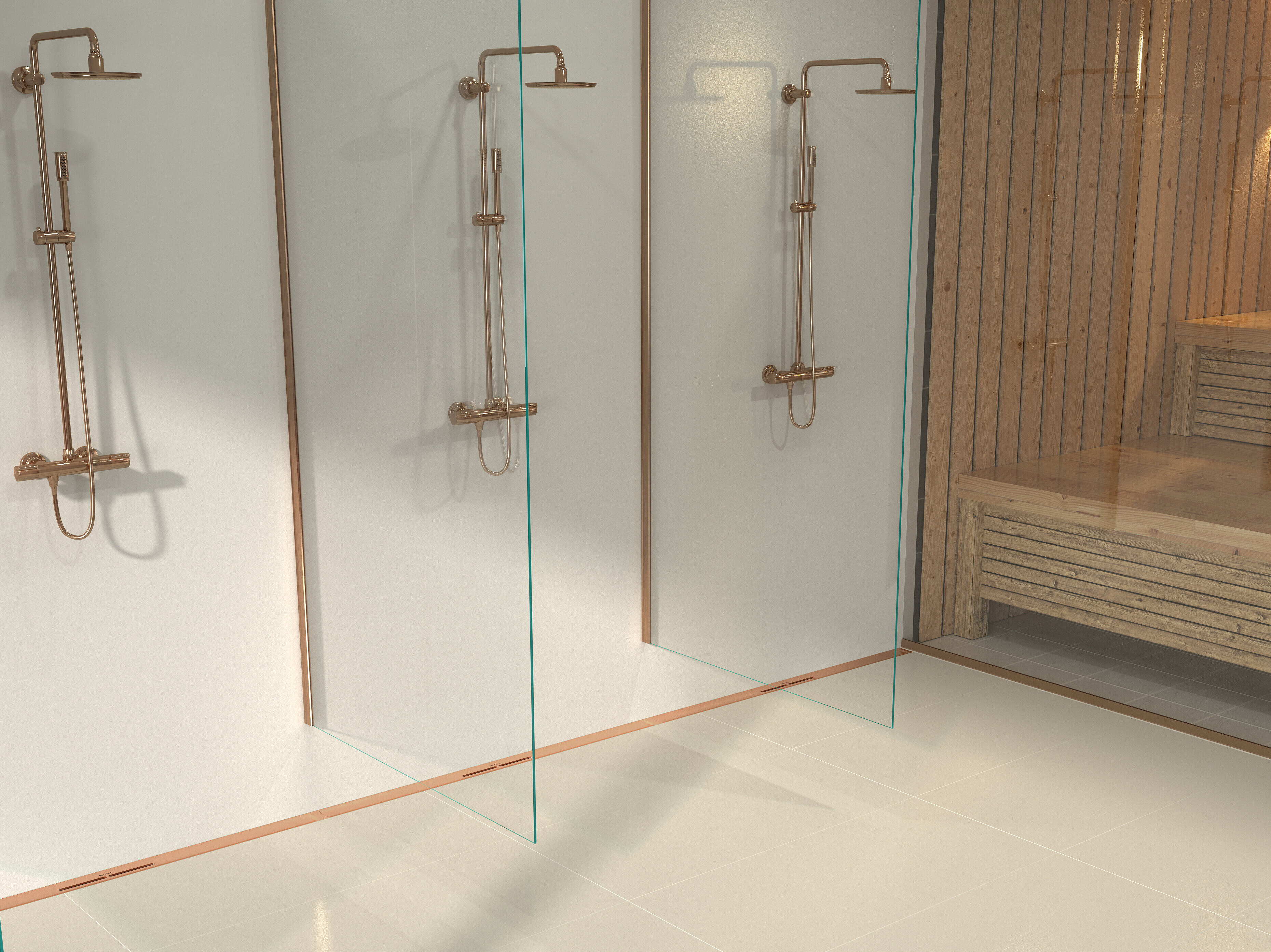 Installation diagram for the Linearis Infinity shower channel, brushed bronze surface, in a wellness area