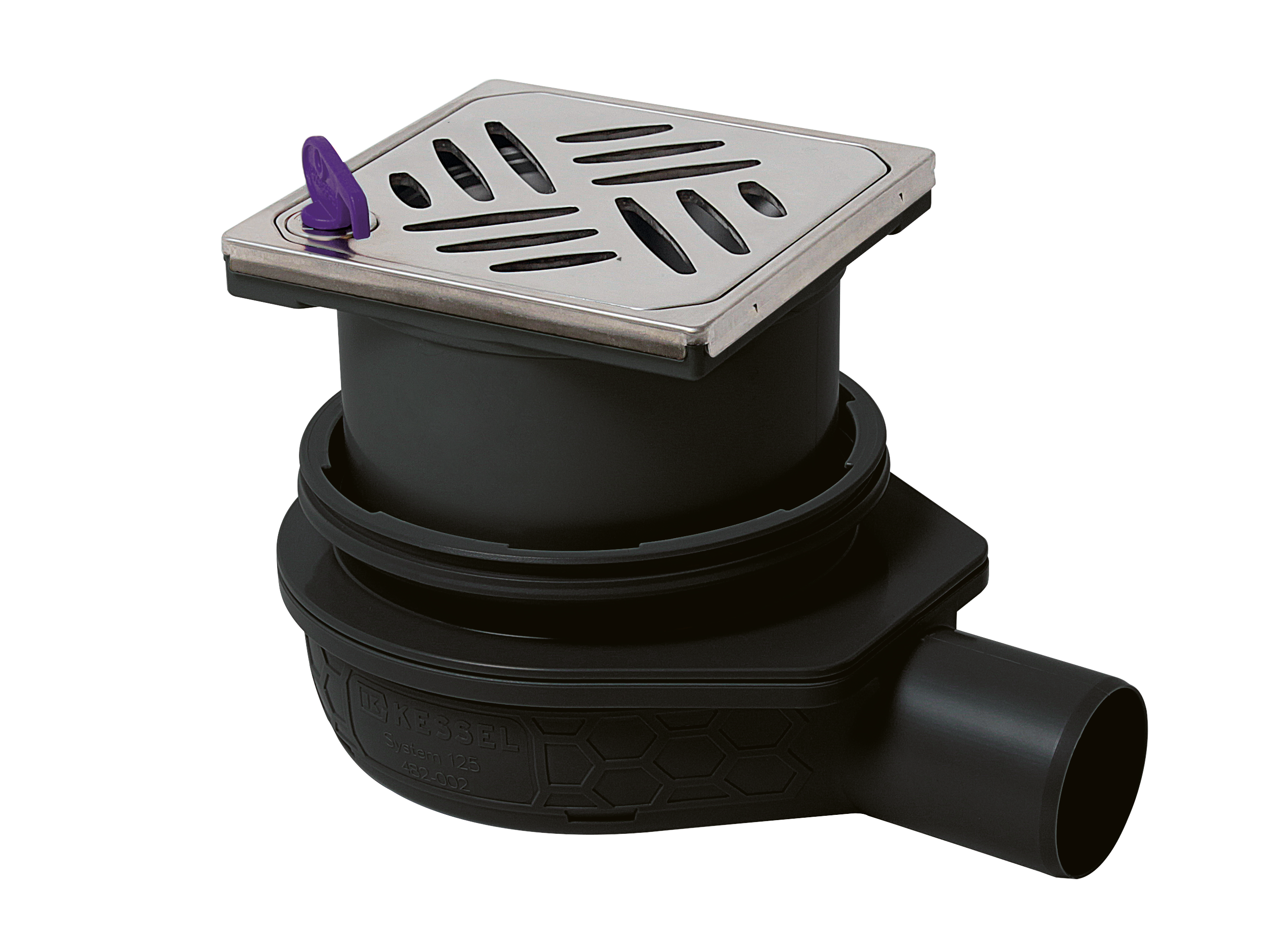 The Ultraflat 79 bathroom drain, DN 50, with a Kessel design cover, Lock & Lift locking system and Megastop