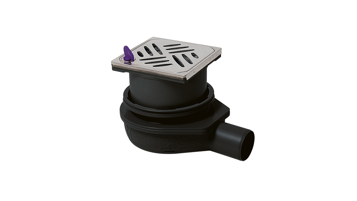 The Ultraflat 79 bathroom drain, DN 50, with a Kessel design cover, Lock & Lift locking system and Megastop The Ultraflat 79 bathroom drain, DN 50, with a Kessel design cover, Lock & Lift locking system and Megastop