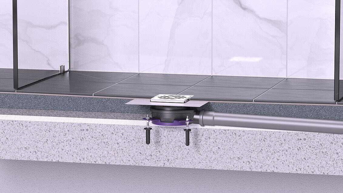 Installation diagram of the Ultraflat bathroom drain with a composite seal
