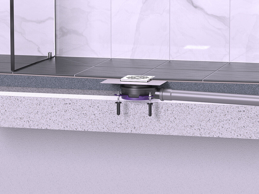 Installation diagram for the Ultraflat bathroom drain with a slotted cover and no Lock & Lift locking system