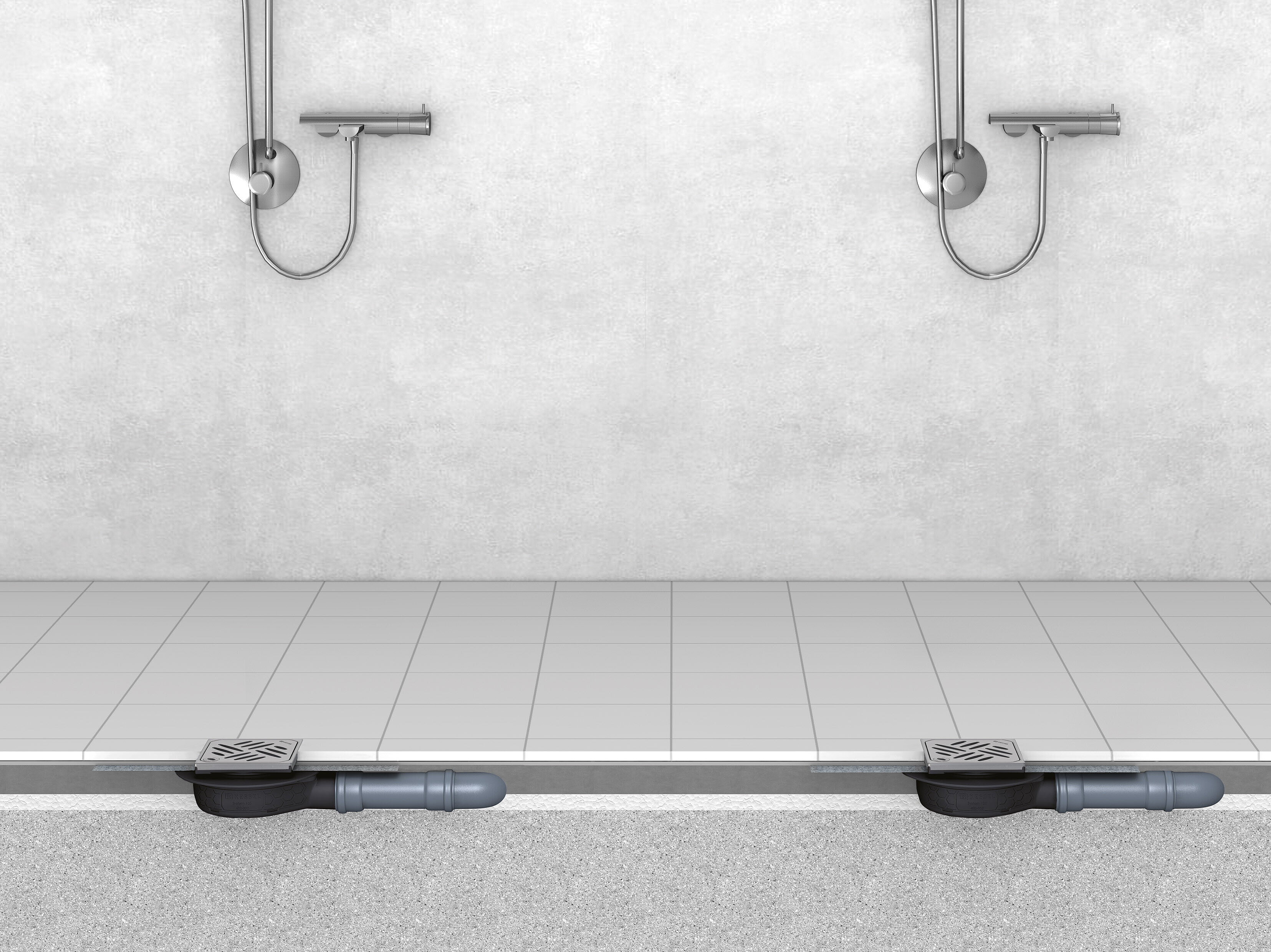 Einbaudarstellung Badablauf Der Ultraflache mit Designrost Kessel und Lock & Lift Verriegelungssystem