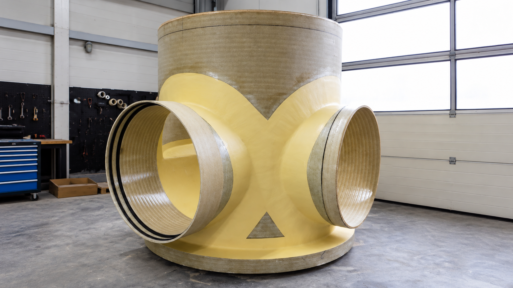 Fibreglass-reinforced plastic manhole A robust chamber with a large inlet channel made of glass-fibre-reinforced polymer.