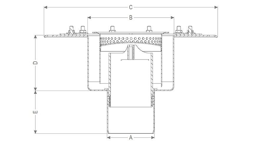Dimension table for the drain body with vertical drain for large dimensions